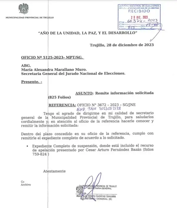 La Municipalidad Provincial de Trujillo remitió el escrito de apelación el jueves 28 de diciembre. 
