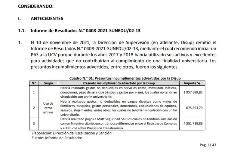 Aquí los gastos detectados por la Sunedu que le valieron la multa a la UCV de Acuña. Foto: Alonso Ramos.