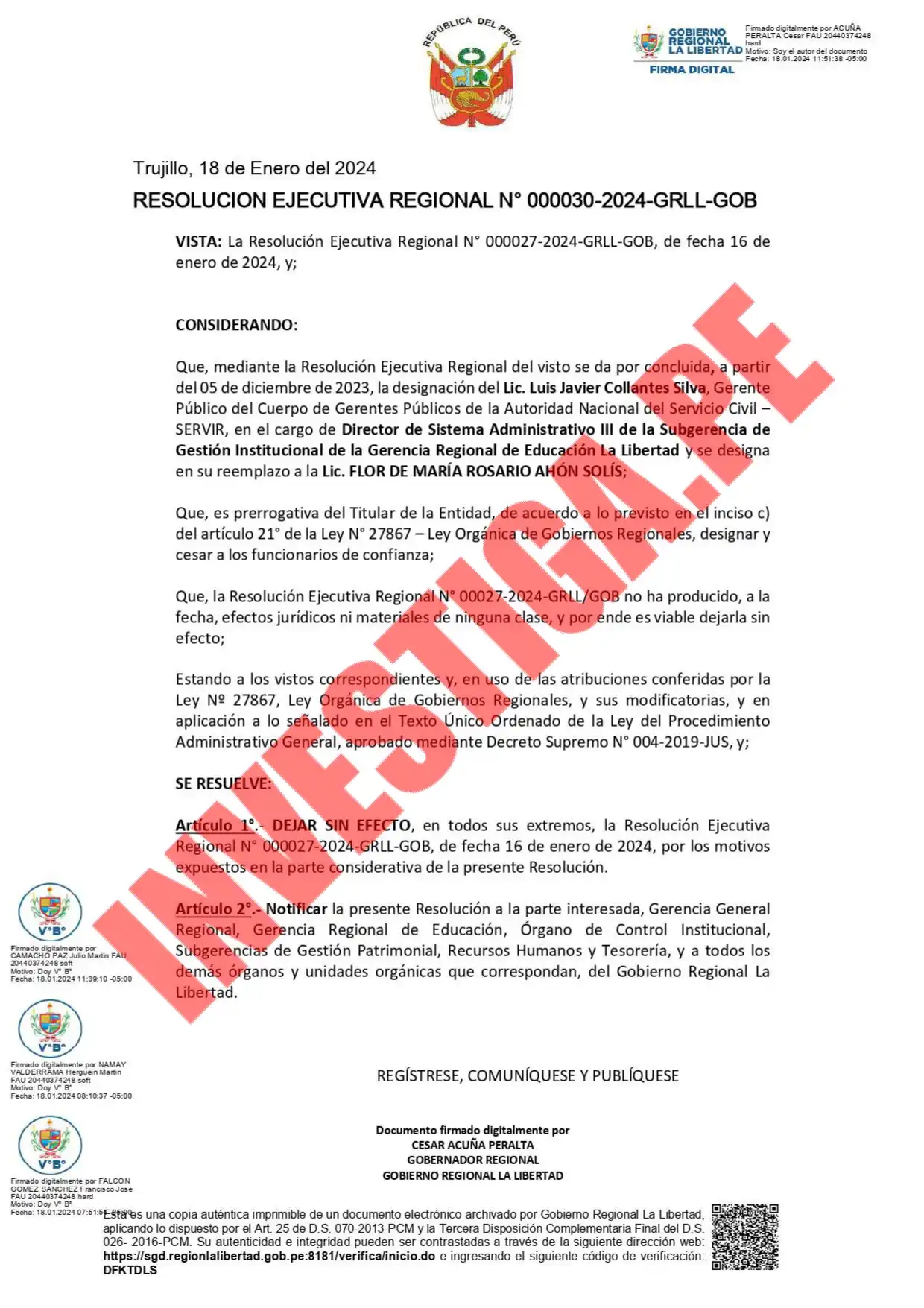 La resolución firmada por Acuña dejando sin efecto la designación de la funcionaria de Educación fue emitida al día siguiente de la denuncia.