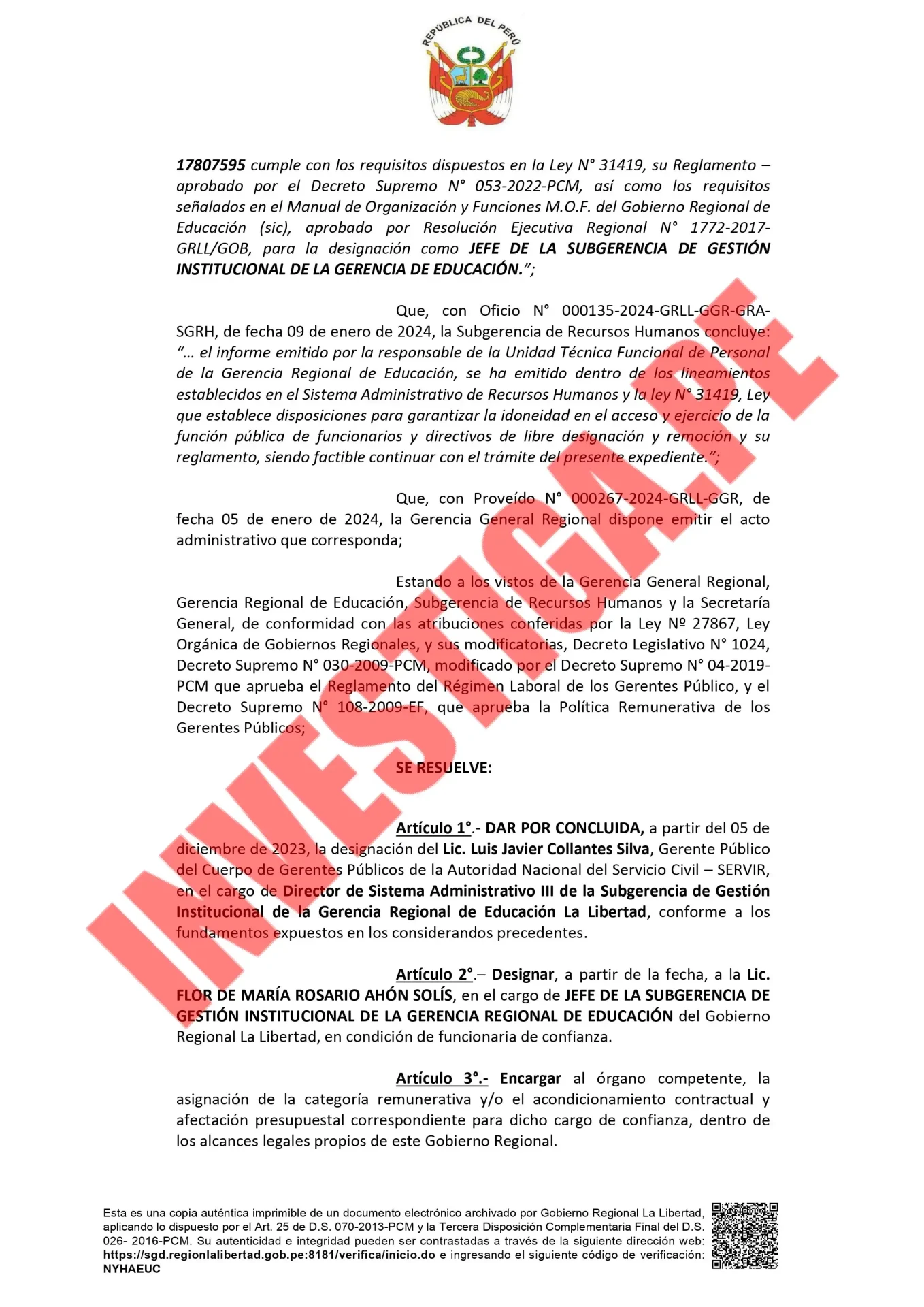 Esta es la nueva resolución firmada por Acuña en la que tras designarla y destituirla, vuelve a ascender a la funcionaria Flor de María Ahón Solís, investigada por plagio de su tesis.