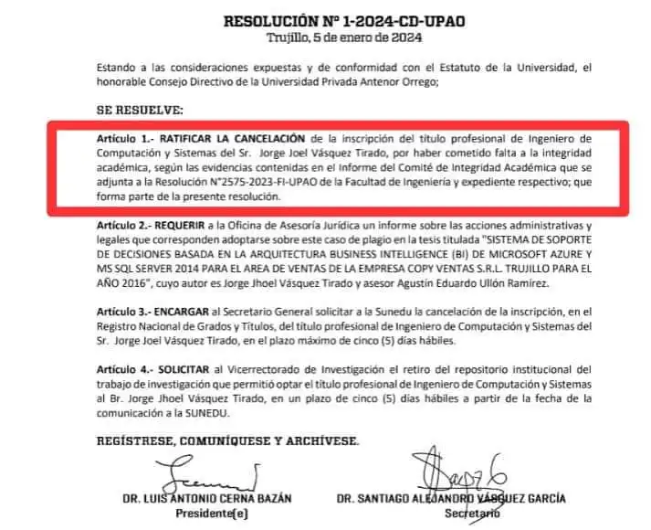 Esta es la resolución del Consejo Directivo de la UPAO a través de la cual le retiran el título de ingeniero de Computación y Sistemas al regidor apepista Jorge Vásquez. 